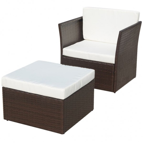 Silla de jardín con taburete poli ratán marrón
