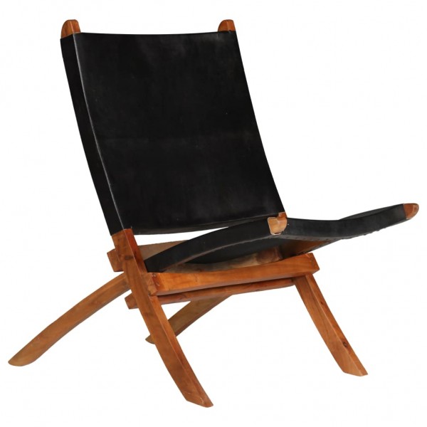 Silla plegable de relajación de cuero auténtico negro