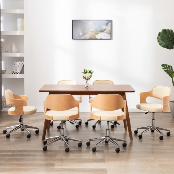 Sillas de comedor giratorias 6 uds madera curvada cuero crema