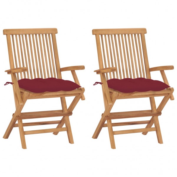 Sillas de jardín 2 uds madera teca con cojines rojo tinto