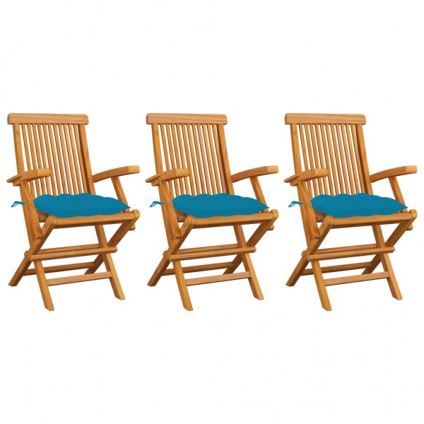 Sillas de jardín 3 uds madera teca con cojines azul claro