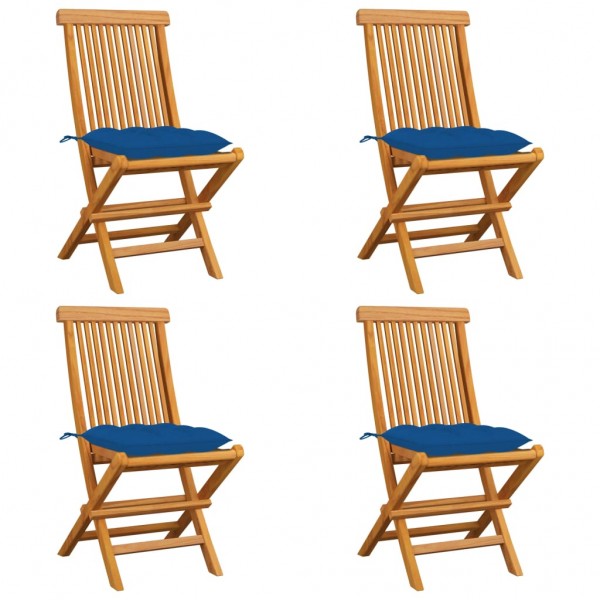 Sillas de jardín 4 uds madera maciza de teca con cojines azules
