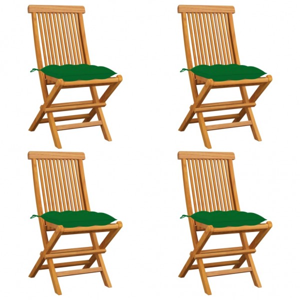 Sillas de jardín 4 uds madera maciza de teca con cojines verdes