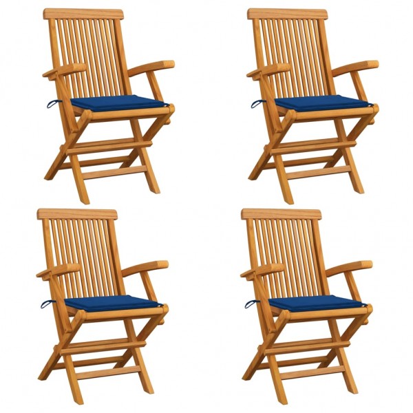 Sillas de jardín 4 uds madera teca con cojines azul real