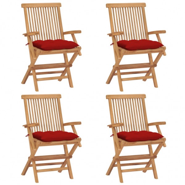 Sillas de jardín 4 unidades madera maciza de teca cojines rojos