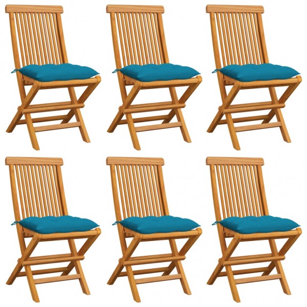 Sillas de jardín 6 uds madera de teca con cojines azul claro