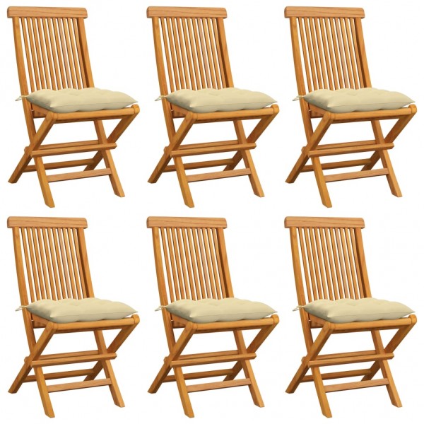 Sillas de jardín 6 uds madera de teca con cojines blanco crema