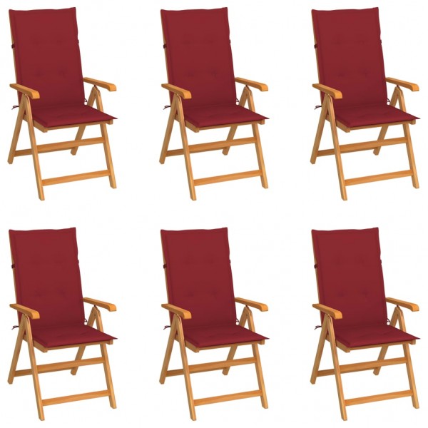 Sillas de jardín 6 uds madera maciza de teca cojines rojo tinto