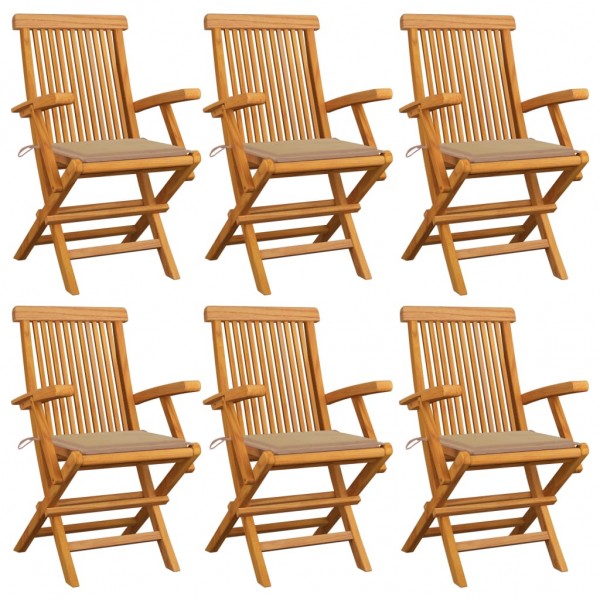 Sillas de jardín 6 uds madera maciza de teca con cojines beige