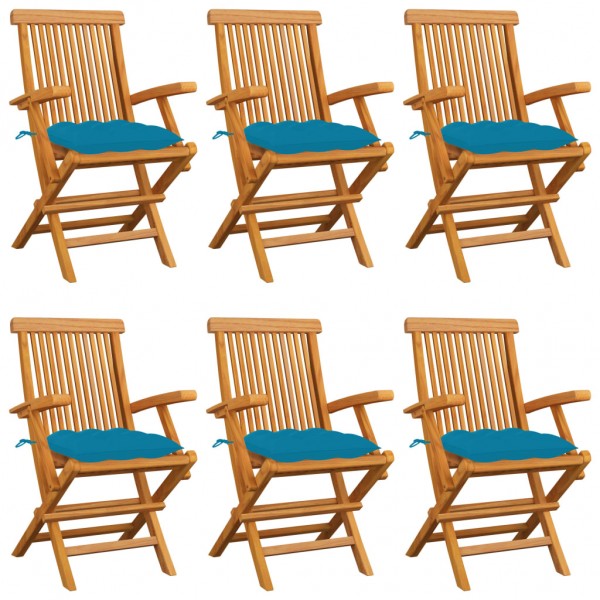 Sillas de jardín 6 uds madera teca con cojines azul claro