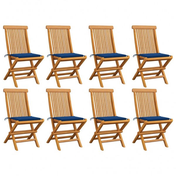 Sillas de jardín 8 uds madera de teca con cojines azul royal