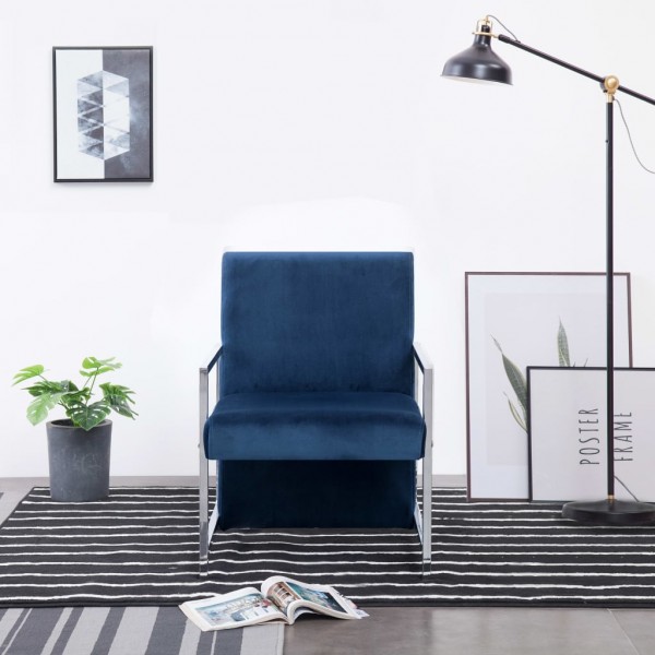 Sillón con patas cromadas de terciopelo azul
