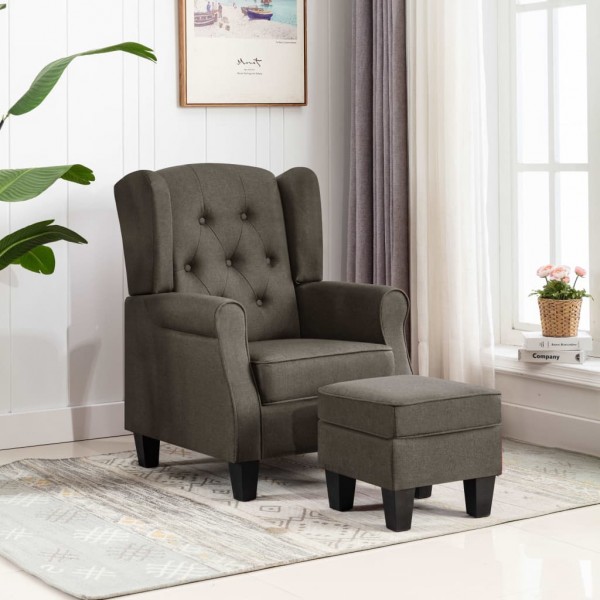 Sillón con taburete reposapiés de tela gris taupe