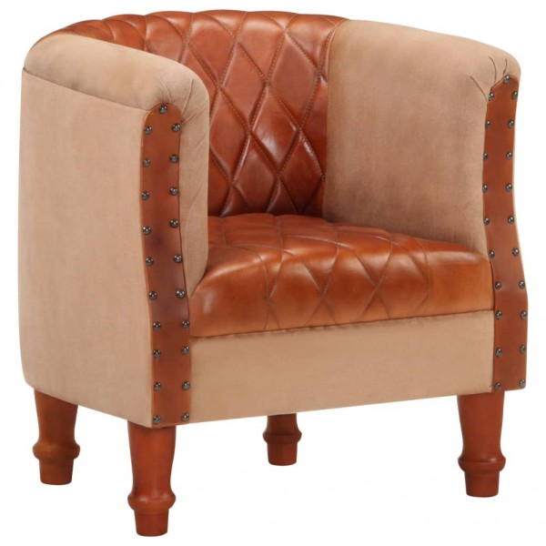 Sillón cúbico de cuero auténtico y madera maciza mango marrón