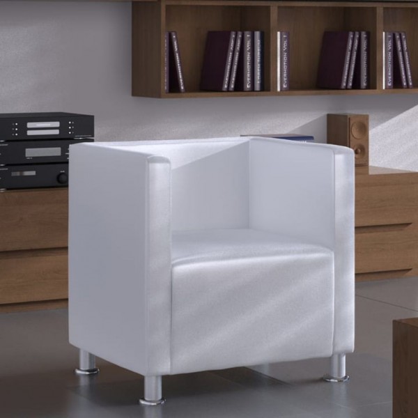 Sillón en forma de cubo de cuero sintético blanco