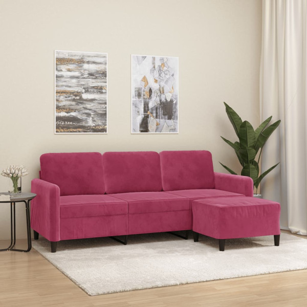 Sofá de 3 plazas con taburete de terciopelo rojo tinto 180 cm