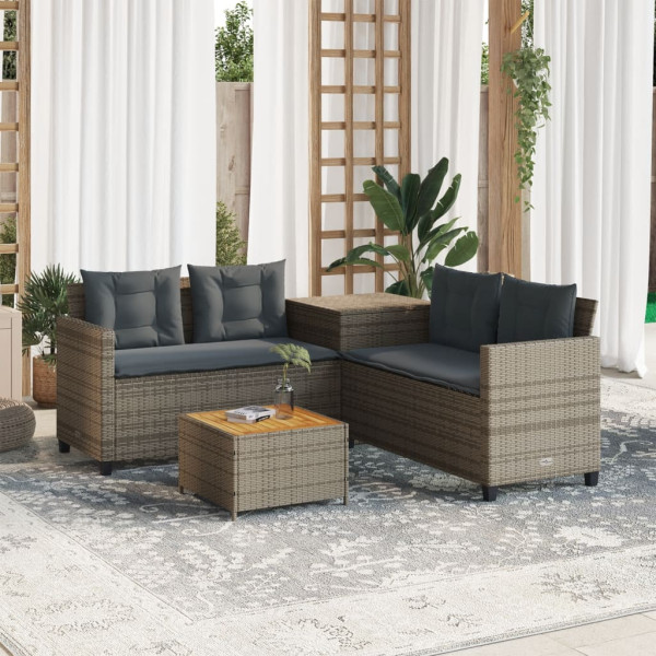 Sofá de jardín en forma de L con mesa y cojines ratán PE gris