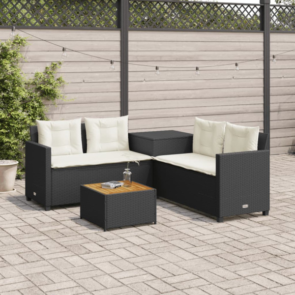Sofá de jardín en forma de L con mesa y cojines ratán PE negro