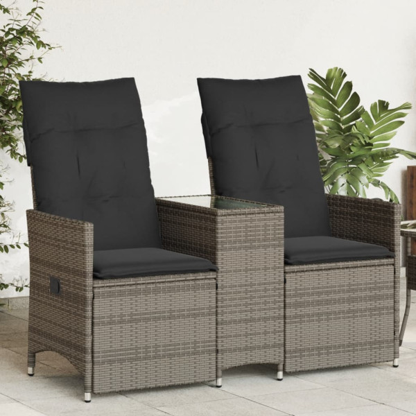 Sofá de jardín reclinable de 2 plazas con mesa ratán PE gris