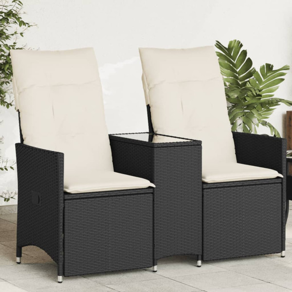 Sofá de jardín reclinable de 2 plazas con mesa ratán PE negro