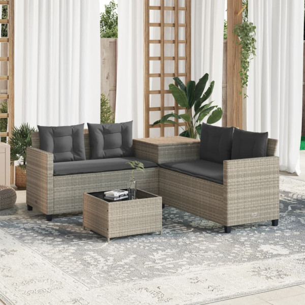 Sofá jardín forma de L con mesa y cojines ratán PE gris claro