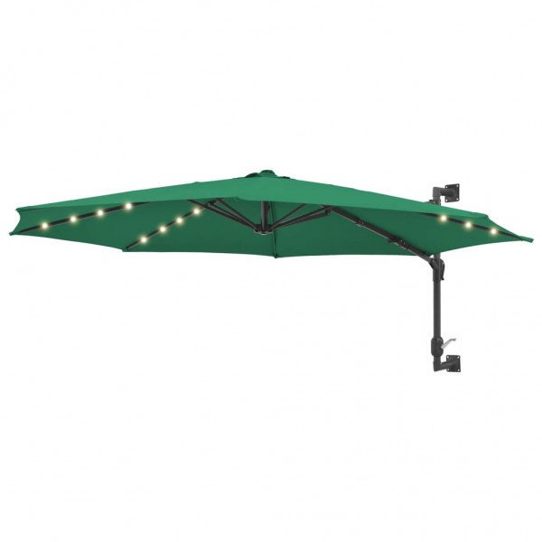Sombrilla de pared con LEDs y poste de metal 300 cm verde