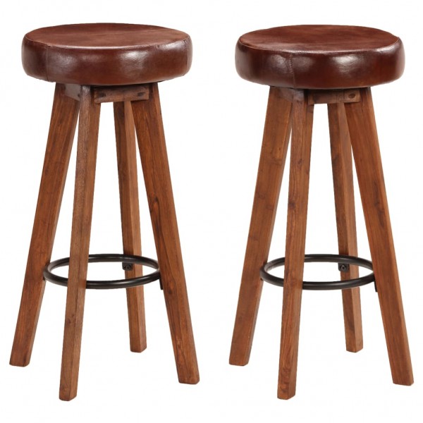 Taburetes de cocina 2 uds madera maciza acacia cuero auténtico