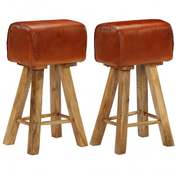 Taburetes de cocina 2 uds madera mango maciza y cuero auténtico