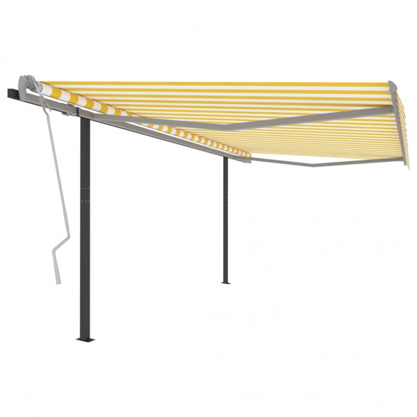 Toldo manual retráctil con postes amarillo y blanco 4x3 m