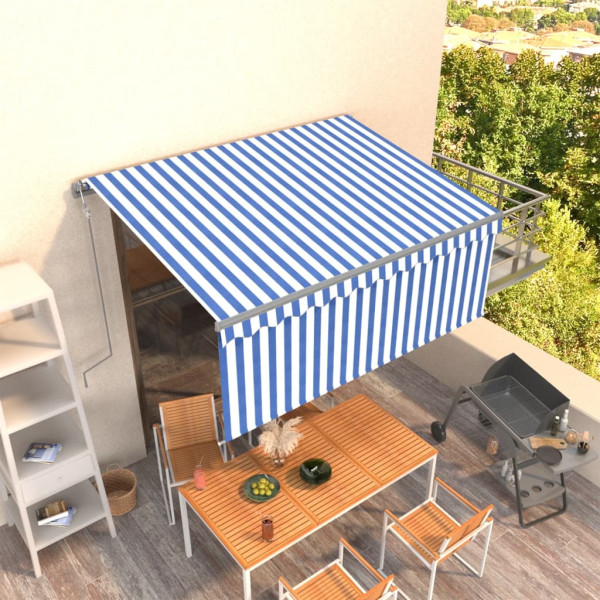 Toldo retráctil automático con persiana azul y blanco 3.5x2.5 m
