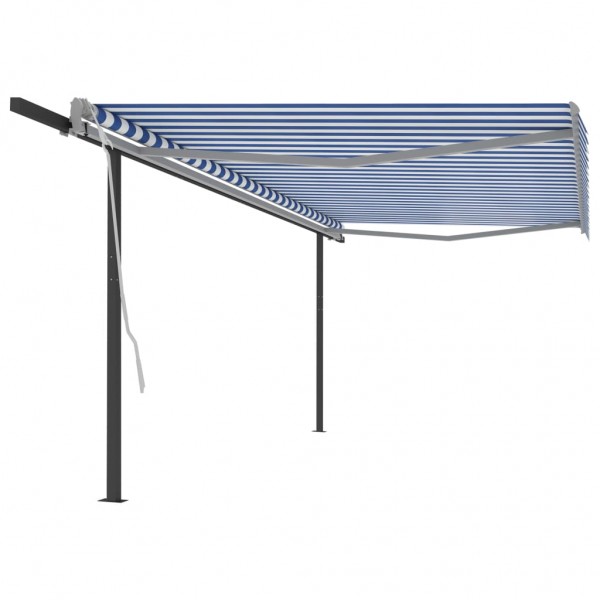 Toldo retráctil automático con postes azul y blanco 5x3.5 m