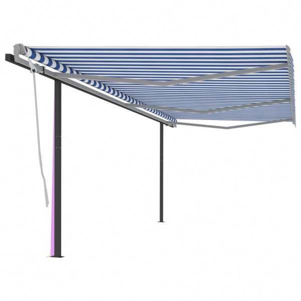 Toldo retráctil automático con postes azul y blanco 6x3.5 m