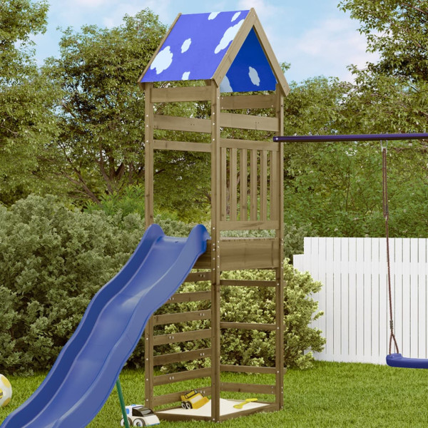 Torre de juegos con pared escalada madera pino 85x52.5x265 cm